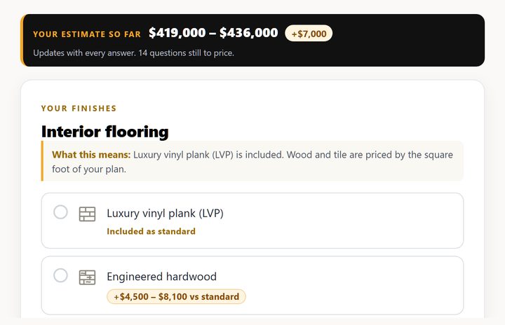 The BuildX Instant Estimate tool showing a running price range while choosing interior flooring